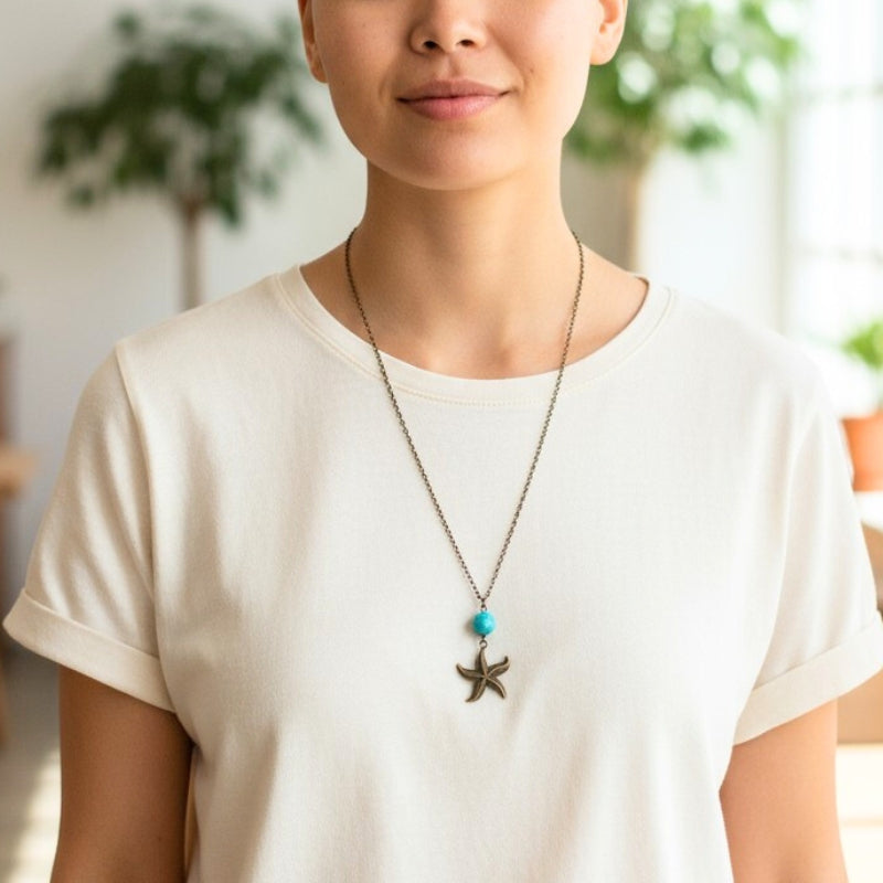 Starfish Turquoise Necklace | Brass & Turquoise - For Women | Includes: Necklace