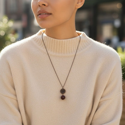 Dainty Bronze Flower Necklace | Red Tiger Eye - For Women | Includes: Necklace