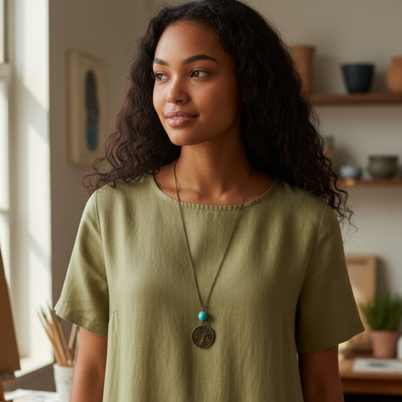 Tree of Life Turquoise Necklace | Brass & Turquoise - For Women | Includes: Necklace