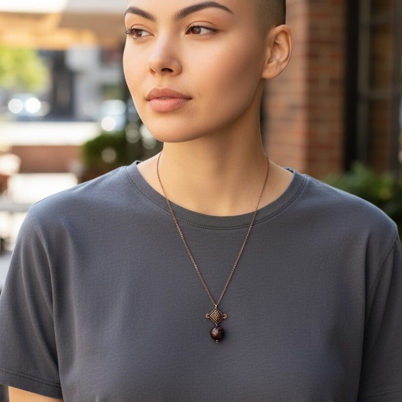 Dainty Bronze Squareyard Necklace | Red Tiger Eye - For Women | Includes: Necklace