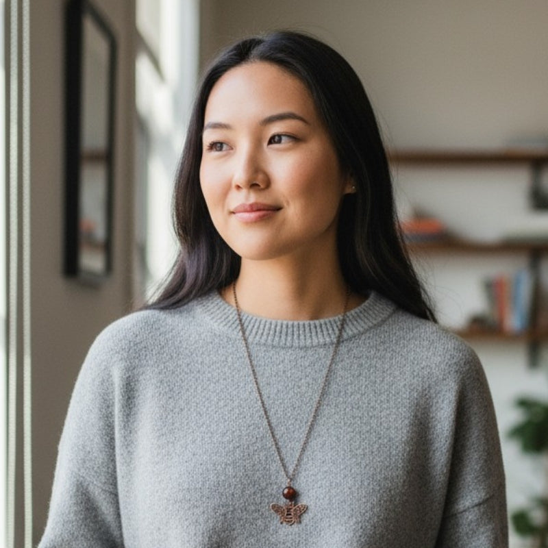 Dainty Bronze Honey Bee Necklace | Red Tiger Eye - For Women | Includes: Necklace