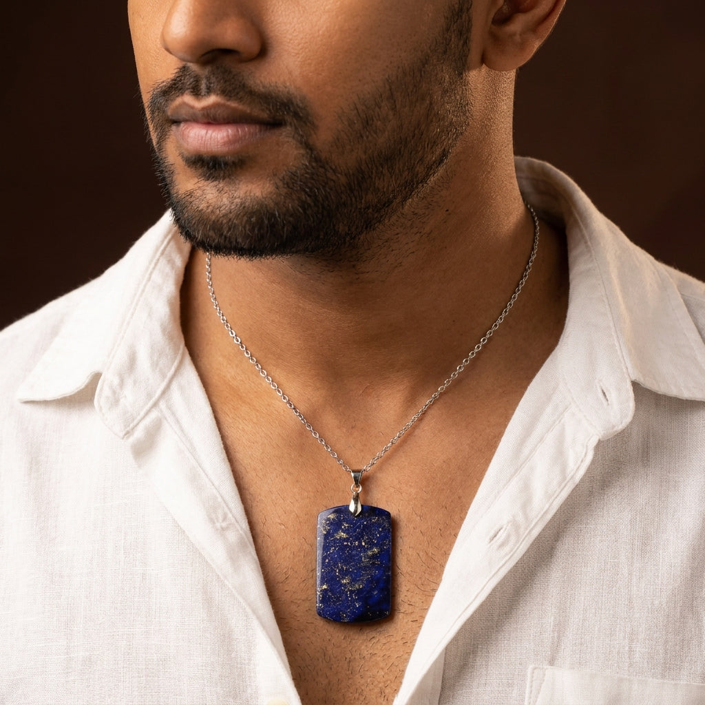 Lapis Lazuli REAL Stone Men's Necklace | Stainless Steel - For Men| Includes: Necklace