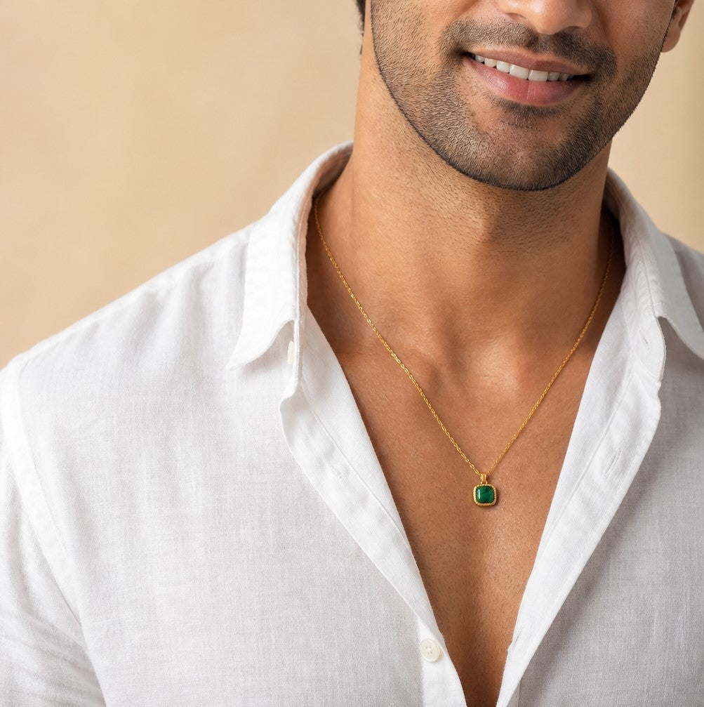 Malachite Center Piece Men's Dainty Necklace | 18K PVD Gold Plated - For Men| Includes: Necklace