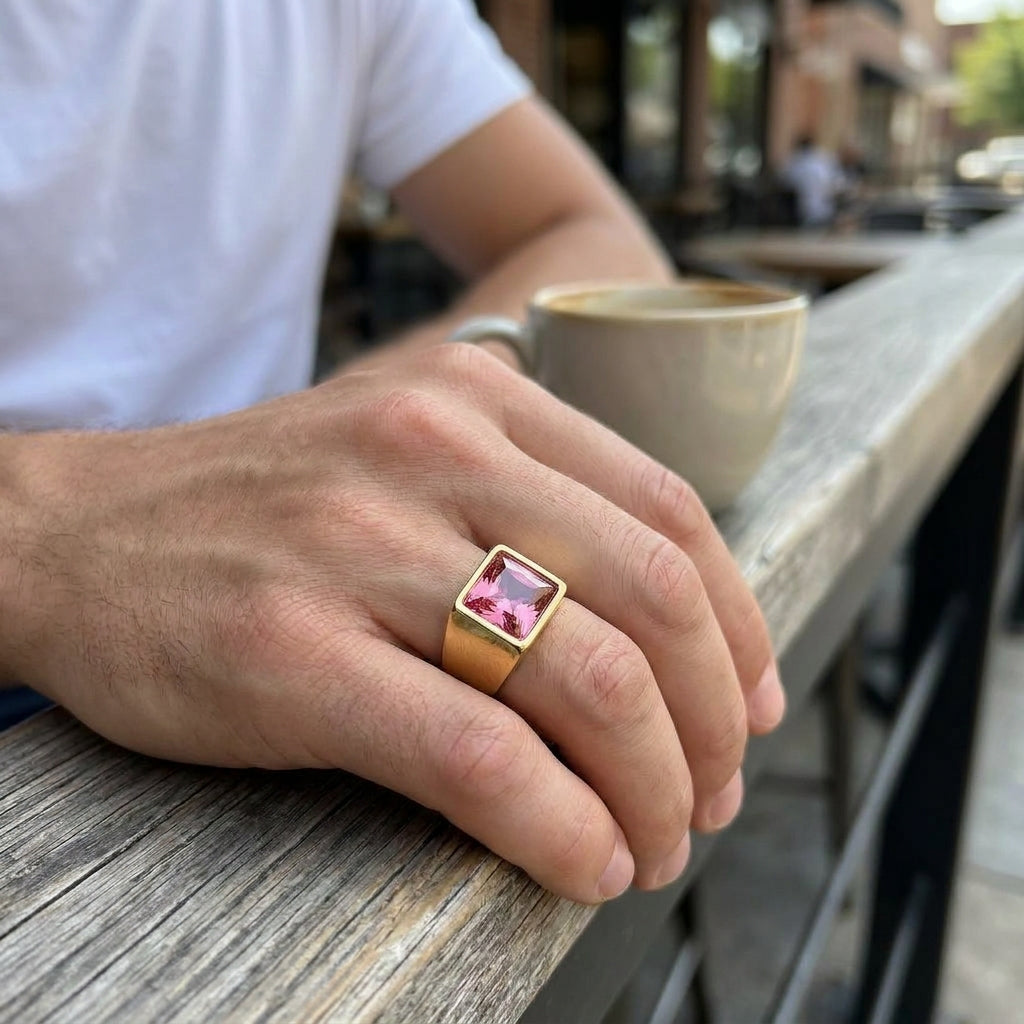 Golden Regular Pink Square Zircon Titanium Ring | 18K Real Gold PVD Plated– For Men | Includes: Ring