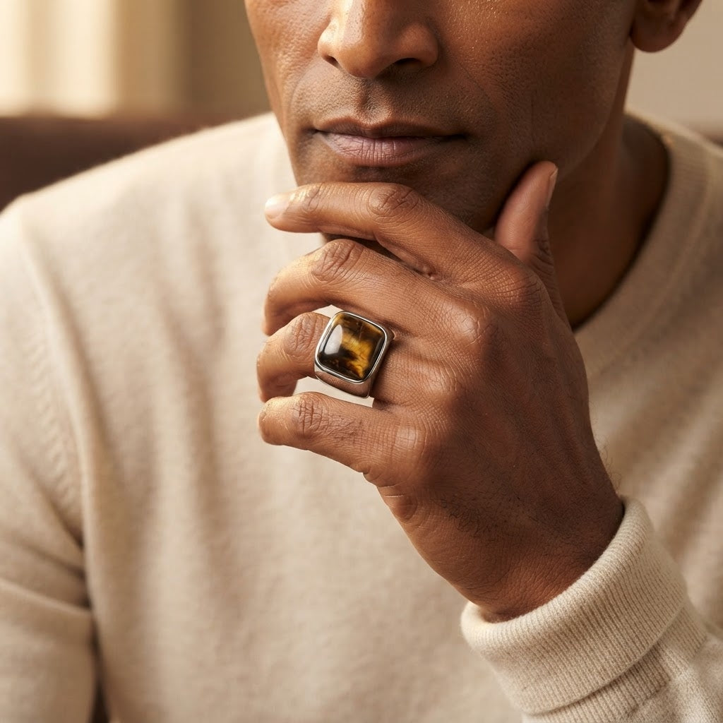 Natural BOLD Tiger Eye Stone Golden Titanium Steel Ring | PVD Plated– For Men | Includes: Ring