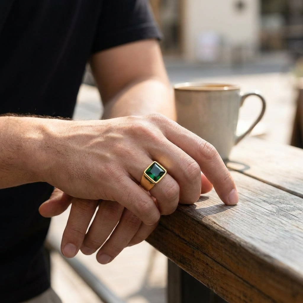 Golden Regular Green Square Zircon Titanium Ring | 18K Real Gold PVD Plated– For Men | Includes: Ring