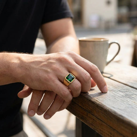 Golden Regular Green Square Zircon Titanium Ring | 18K Real Gold PVD Plated– For Men | Includes: Ring