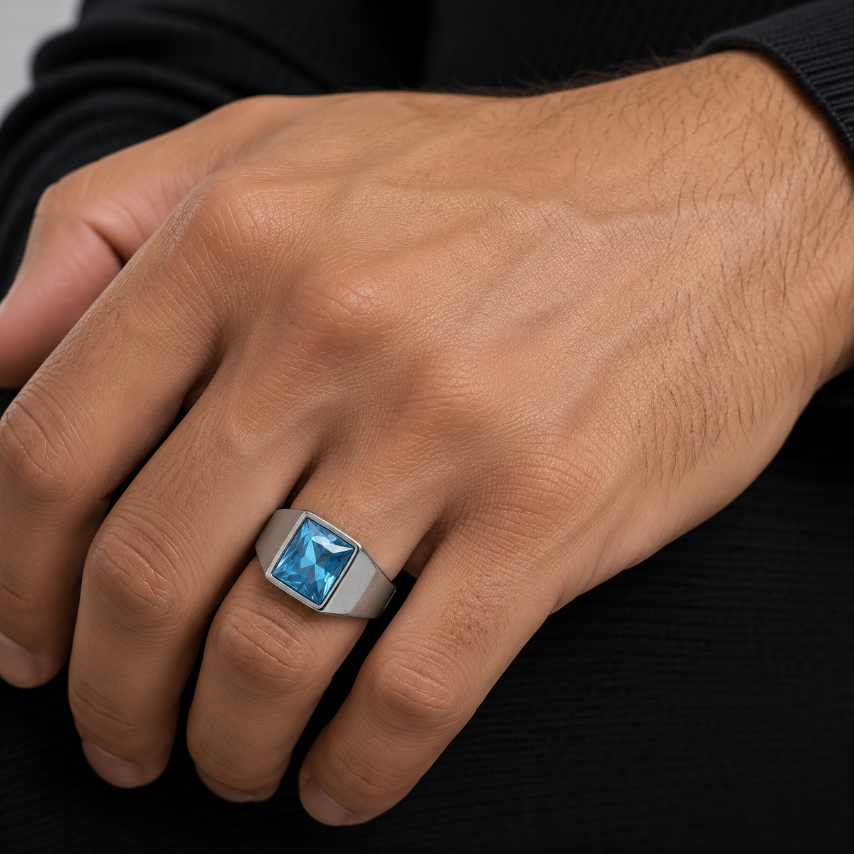 Regular Light Blue Square Zircon Titanium Ring | PVD Plated– For Men | Includes: Ring
