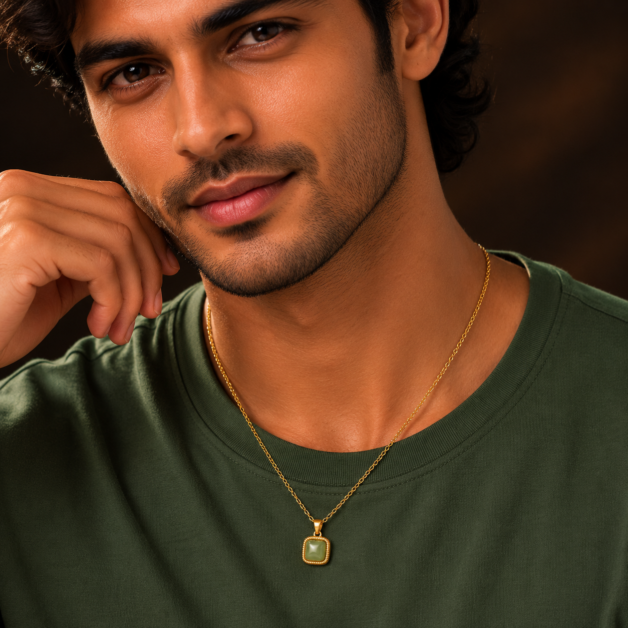 Green Aventurine Center Piece Men's Dainty Necklace | 18K PVD Gold Plated - For Men| Includes: Necklace