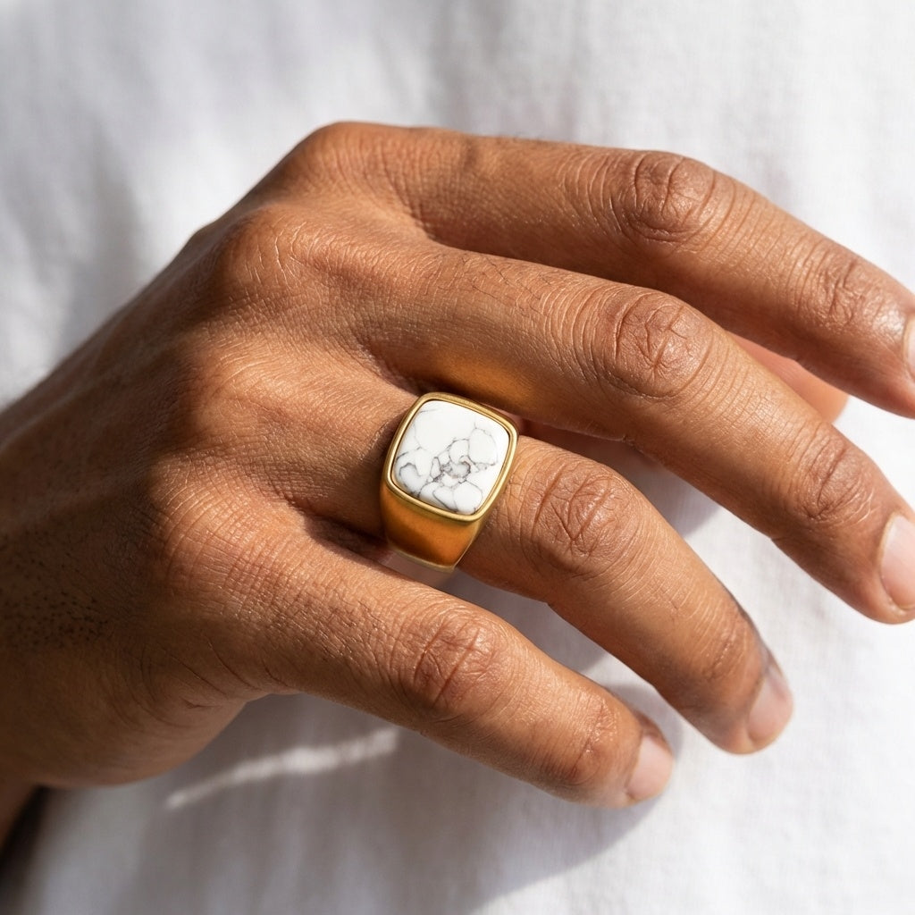 Howlite Stone BOLD Titanium Golden Ring | 18K Real Gold PVD Plated– For Men | Includes: Ring