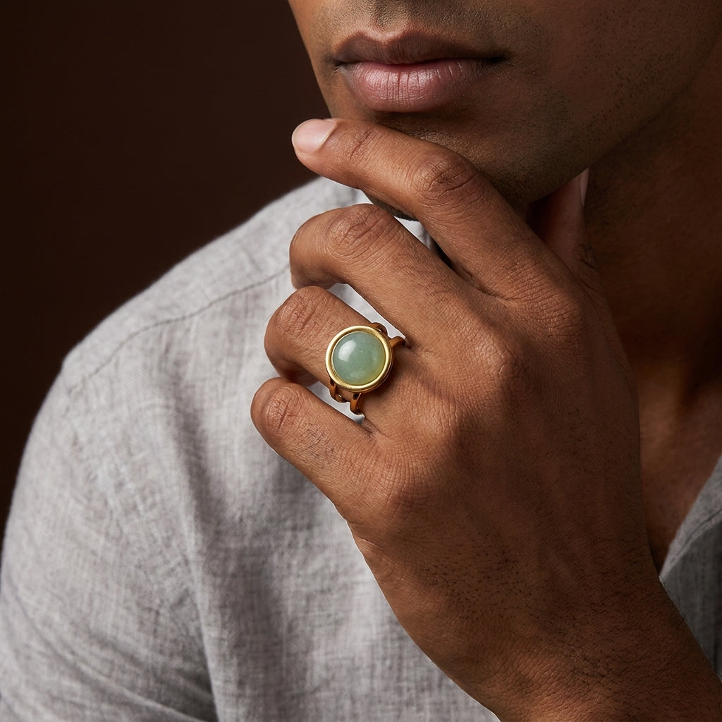 Green Jade Real Stone Flexi Size Goldenn Ring | 18K Real Gold PVD Plated– For Men | Includes: Ring
