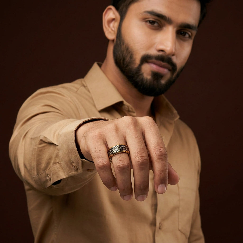Ethnic Classic Golden Ring | 18K Real Gold PVD Plated– For Men | Includes: Ring