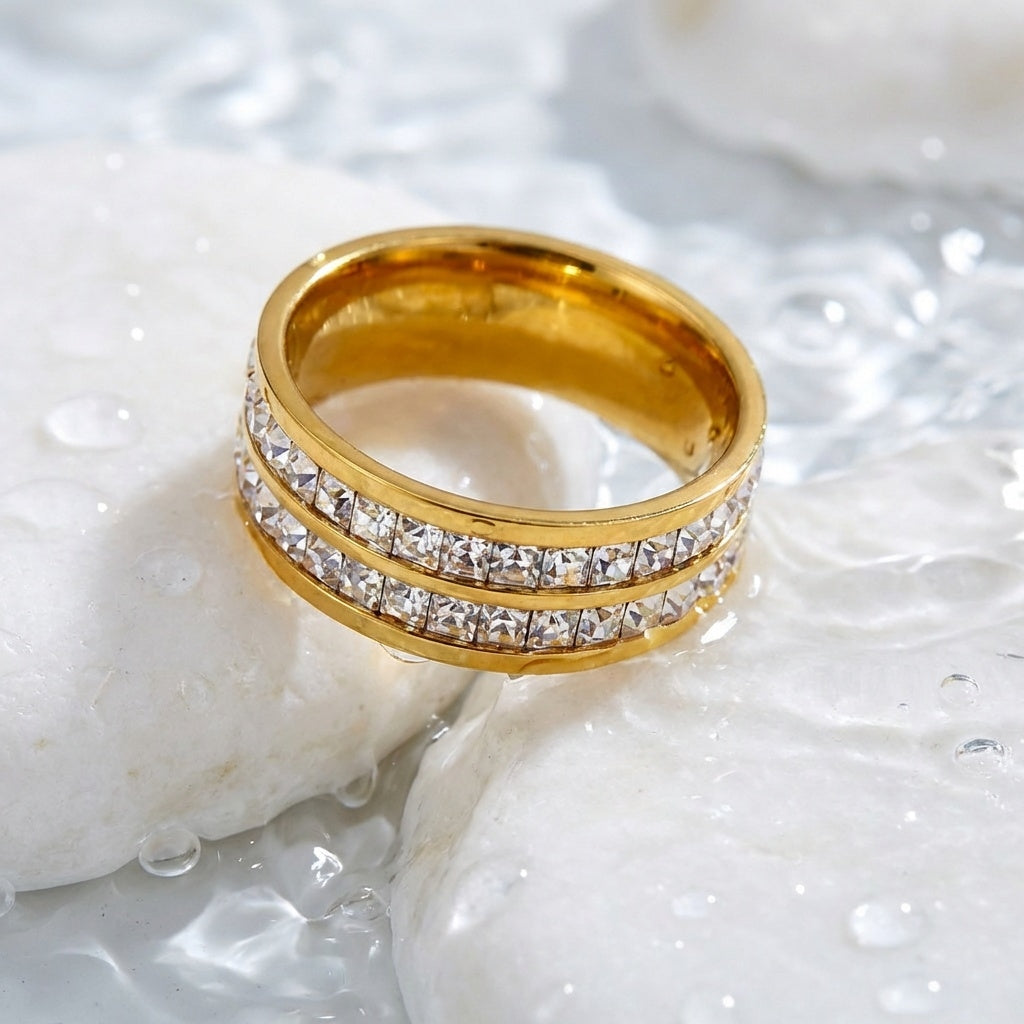 Zircon Line Titanium Steel Golden Ring | 18K Real Gold PVD Plated– For Men | Includes: Ring