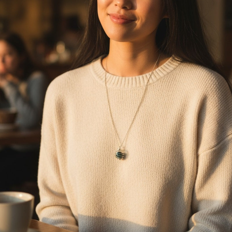 Dainty Whirl Peacock Silverish Necklace | Azurite Stone - For Women | Includes: Necklace
