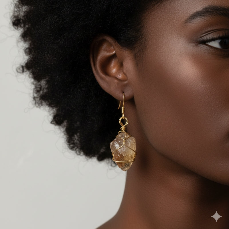 Raw Citrine Chunky  Earring | 18K PVD Gold Plated - For Women | Includes: Earring