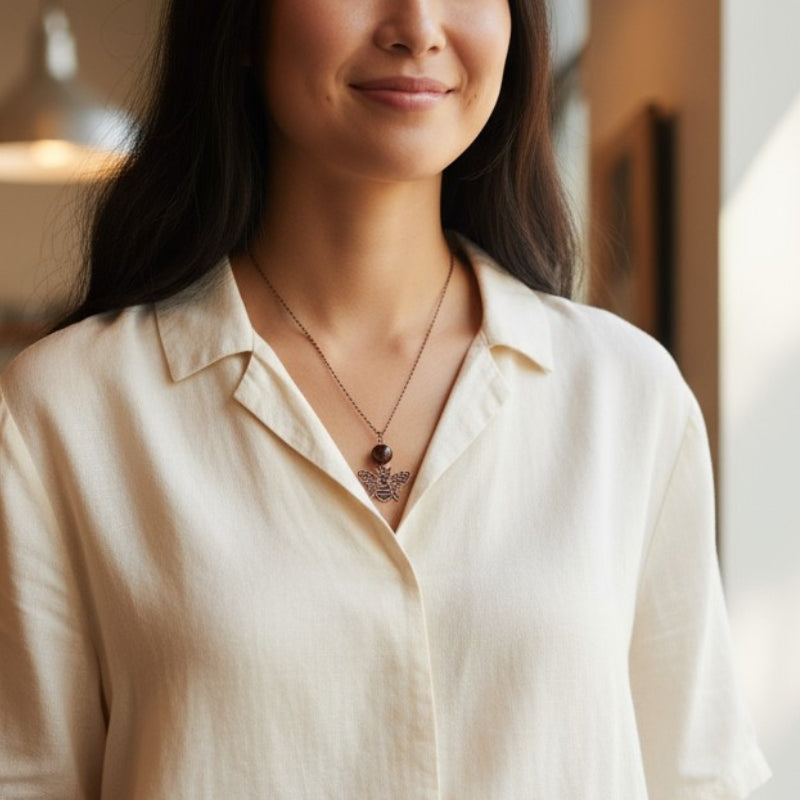 Dainty Bronze Honey Bee Necklace | Red Tiger Eye - For Women | Includes: Necklace