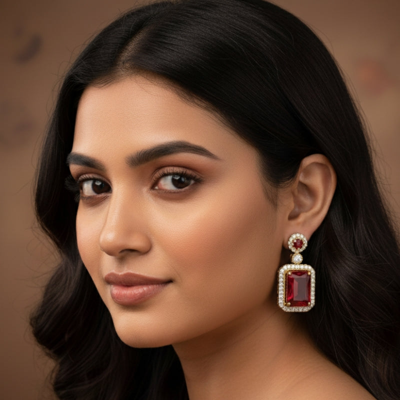 Bold Red Zircon Earring | 18K PVD Gold Plated - For Women | Includes: Earring