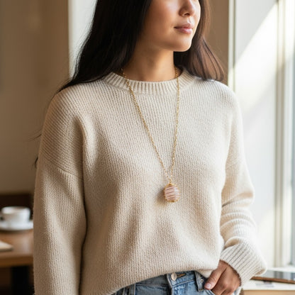 Chunky Whirl Golden Rose Necklace | Rose Quartz - For Women | Includes: Necklace