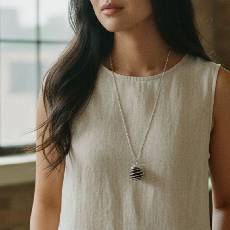 Dainty Whirl Black Mamba Silverish Necklace | Lava Stone - For Women | Includes: Necklace