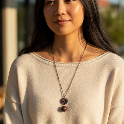 Dainty Bronze Flower Necklace | Red Tiger Eye - For Women | Includes: Necklace
