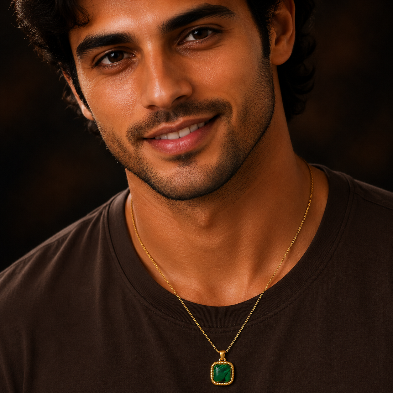 Malachite Center Piece Men's Dainty Necklace | 18K PVD Gold Plated - For Men| Includes: Necklace