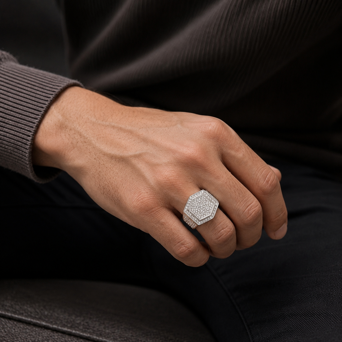 Silverish Hexagon Micro Zircon Bold Steel Ring | PVD Plated– For Men | Includes: Ring