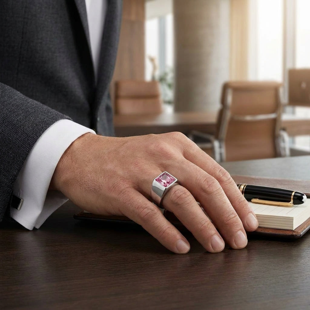 Regular Pink Square Zircon Titanium Ring | PVD Plated– For Men | Includes: Ring