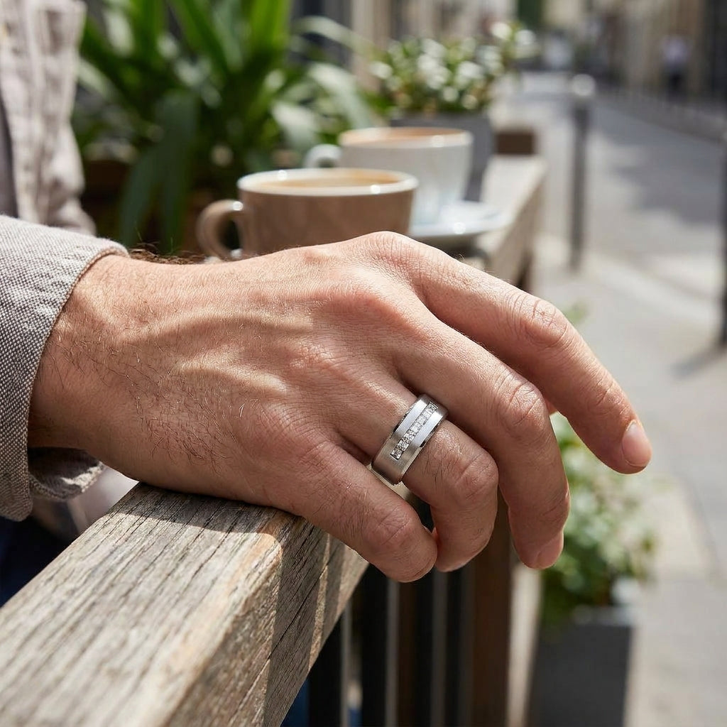 Steel Titanium Zircon Stub Modern Ring | PVD Plated– For Men | Includes: Ring