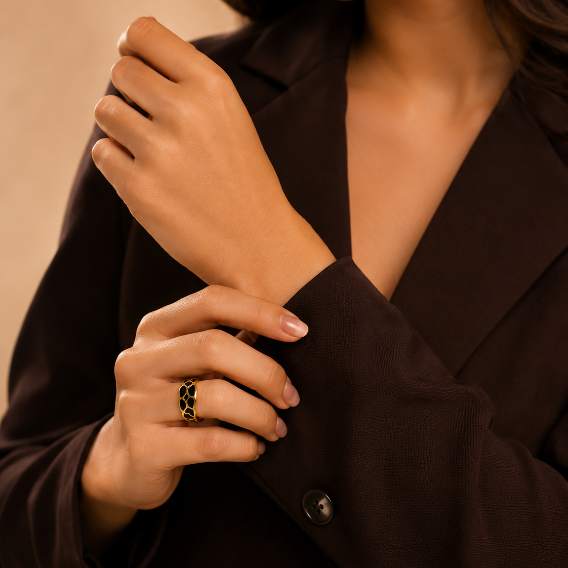 Black Mosaic Textured Flexi Size Ring | 18K PVD Gold Plated- For Women | Includes: Ring