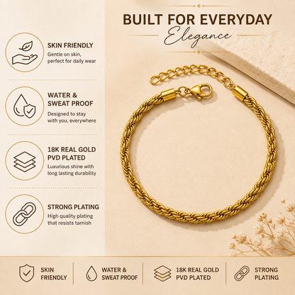 Golden Rope Flexi Size Steel Regular Bracelet (6MM) | 18K PVD Gold Plated- For Men | Includes: Bracelet