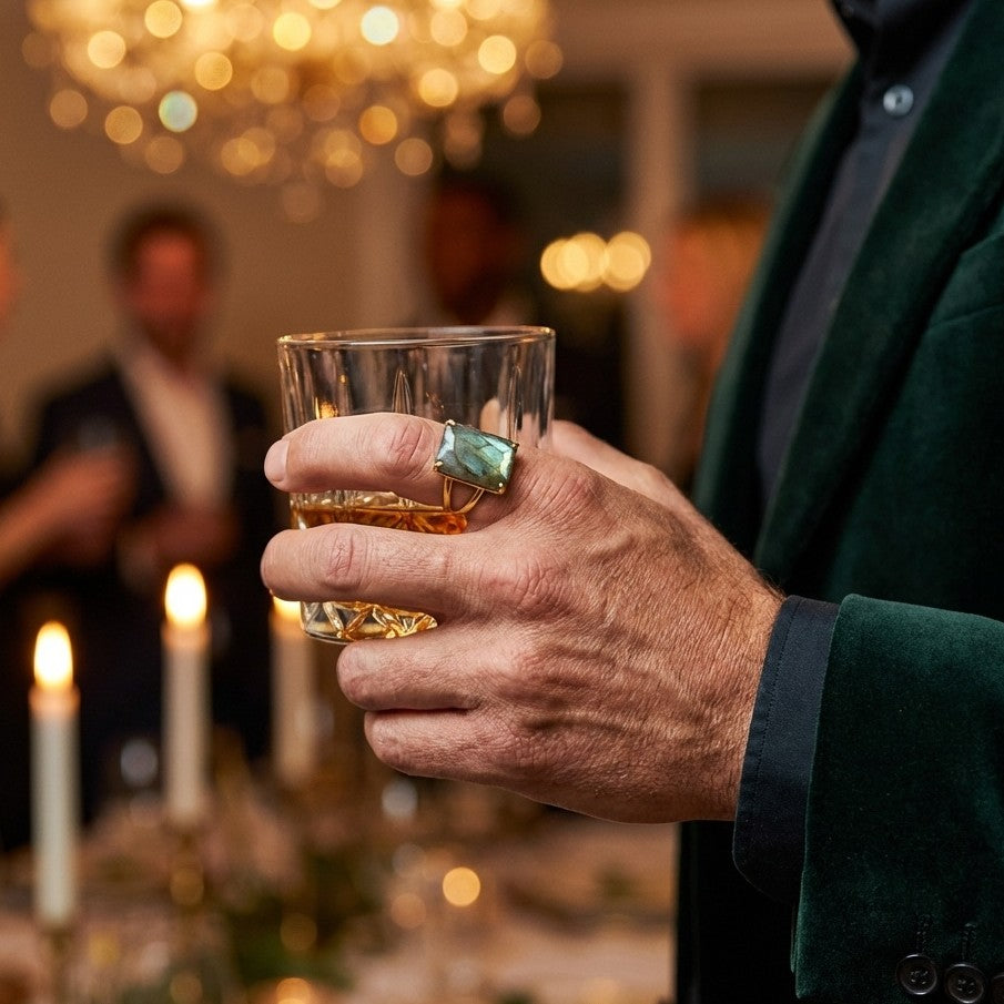 BOLD Labradorite Stone Golden Flexi Size Ring | 18K Real Gold PVD Plated– For Men | Includes: Ring