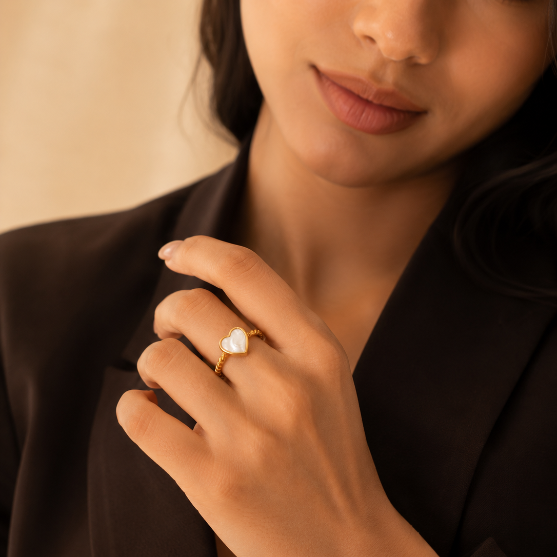 Natural Sheel Heart-Rope Flexi Size Ring | 18K PVD Gold Plated- For Women | Includes: Ring