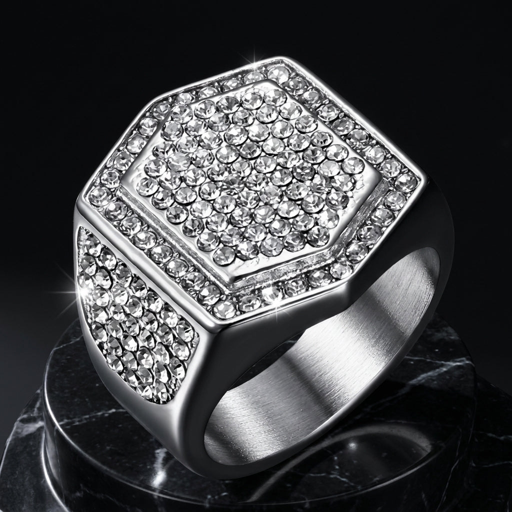Silverish Hexagon Micro Zircon Bold Steel Ring | PVD Plated– For Men | Includes: Ring