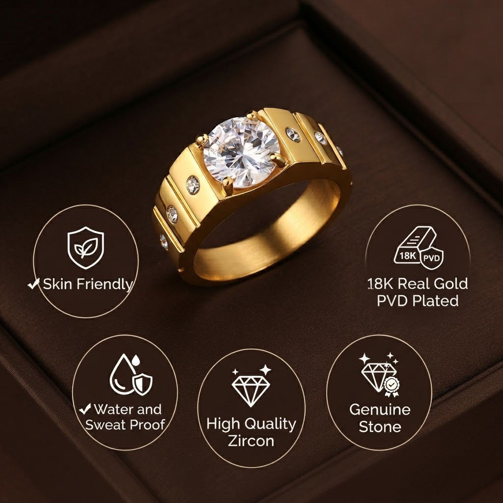 Ethnic Pyramid Solitire Clear Zircon Ring | 18K Real Gold PVD Plated– For Men | Includes: Ring