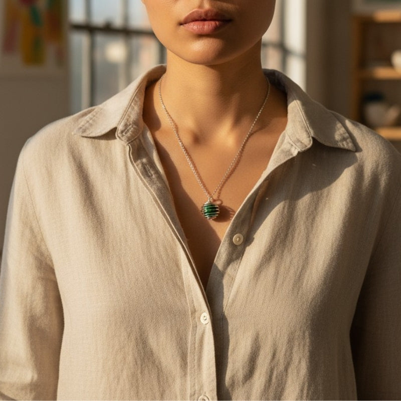 Dainty Whirl Growth Silverish Necklace | Malachite Stone- For Women | Includes: Necklace