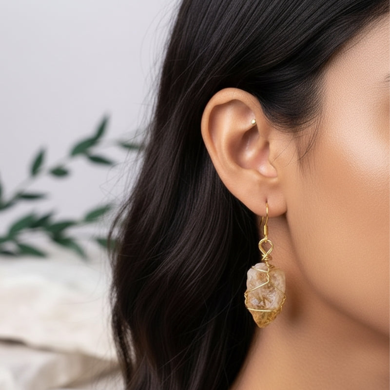 Raw Citrine Chunky  Earring | 18K PVD Gold Plated - For Women | Includes: Earring