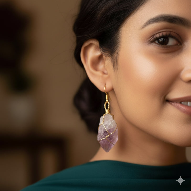 Raw Amethyst Chunky  Earring | 18K PVD Gold Plated - For Women | Includes: Earring