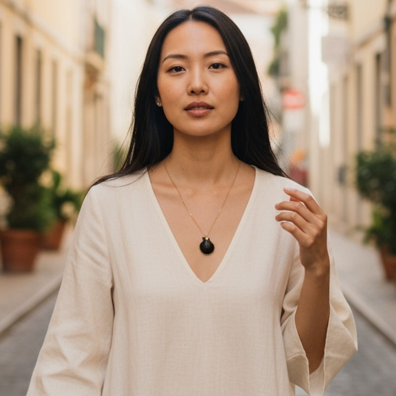 Black calico scallop Necklace | Natural Scallop - For Women | Includes: Necklace