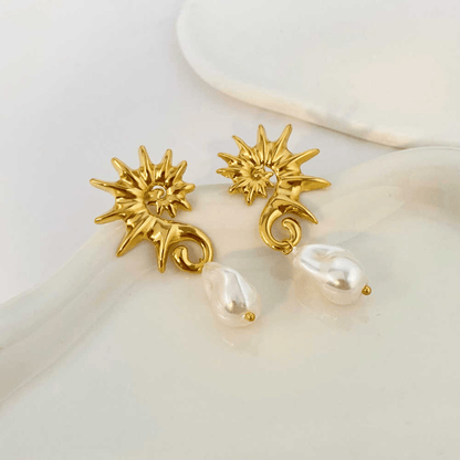 Ocean Pearl Earrings | Pearl, PVD 18K Gold Plated, Stainless Steel, Water Proof - For Women | Includes: Earrings