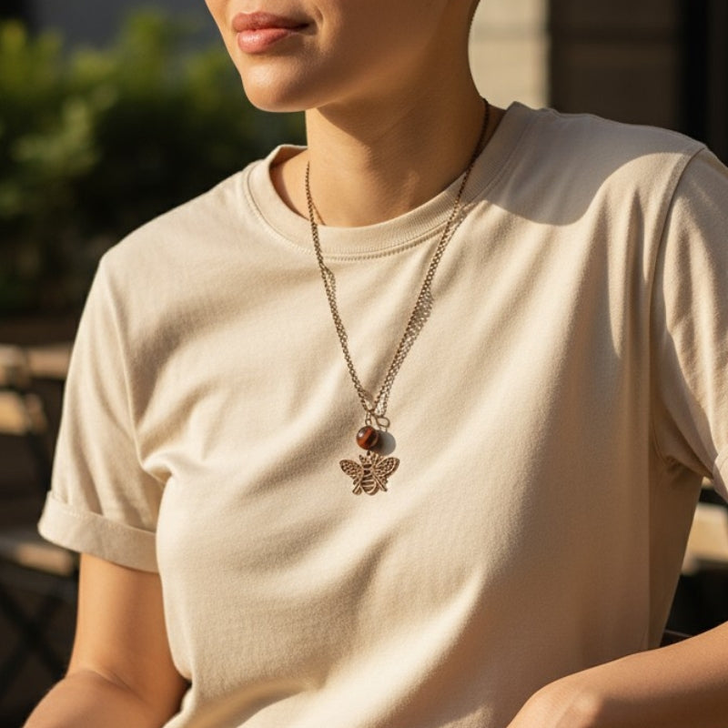 Dainty Bronze Honey Bee Necklace | Red Tiger Eye - For Women | Includes: Necklace