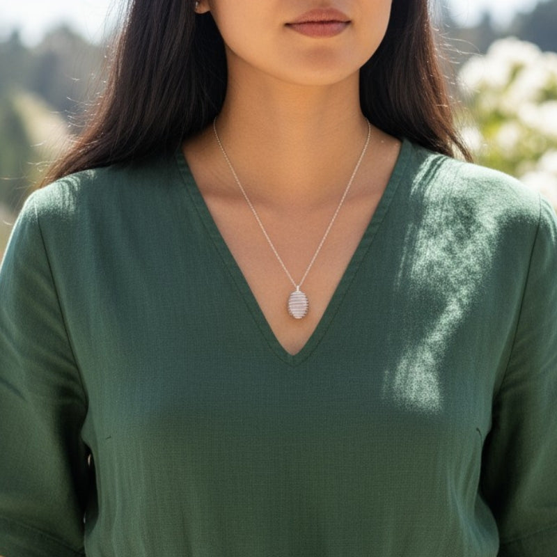 Chunky Whirl Silverish Rose Necklace | Rose Quartz - For Women | Includes: Necklace