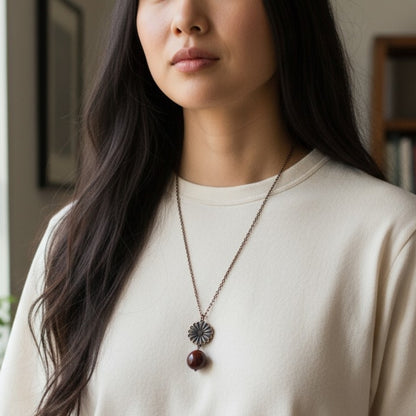 Dainty Bronze Flower Necklace | Red Tiger Eye - For Women | Includes: Necklace