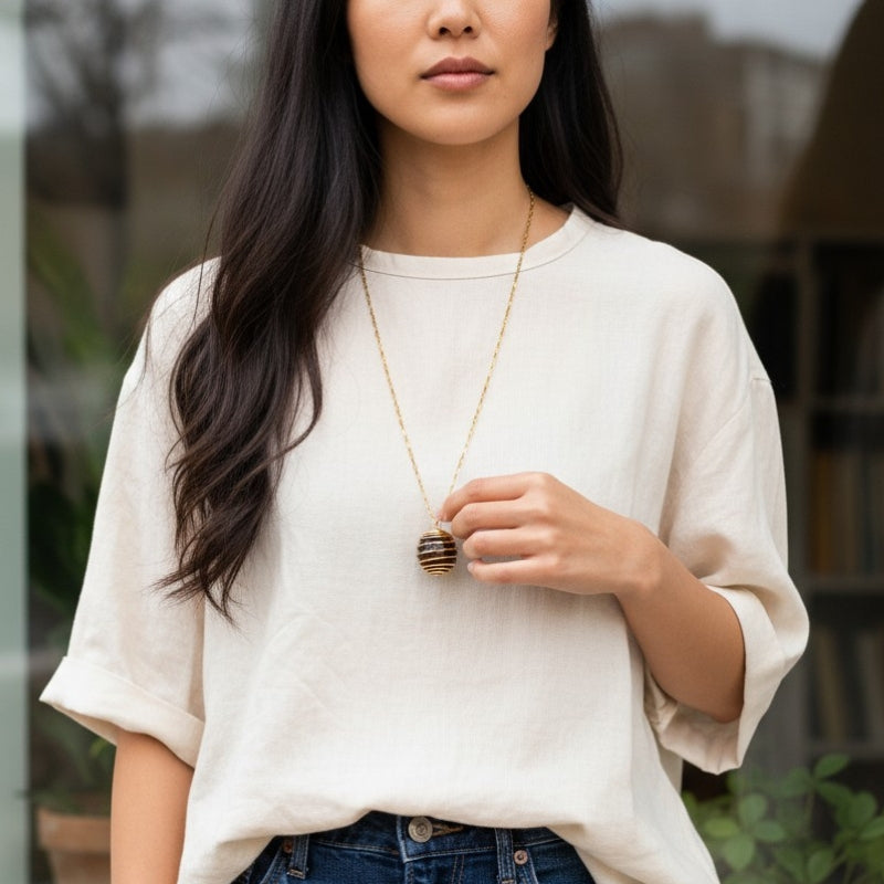 Chunky Whirl Courage Golden Necklace | Tiger Eye - For Women | Includes: Necklace