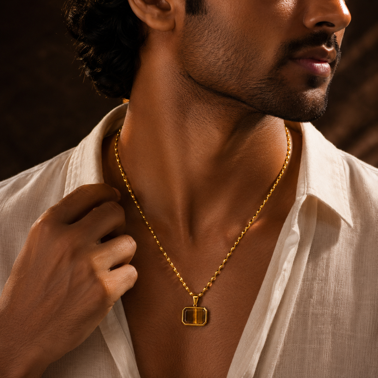 Tiger Eye REAL Stone Men's Necklace | 18K PVD Gold Plated - For Men| Includes: Necklace