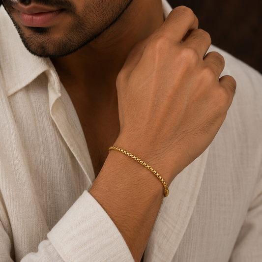 Golden Box Design Flexi Size Steel THIN Bracelet (3MM) | 18K PVD Gold Plated- For Men | Includes: Bracelet