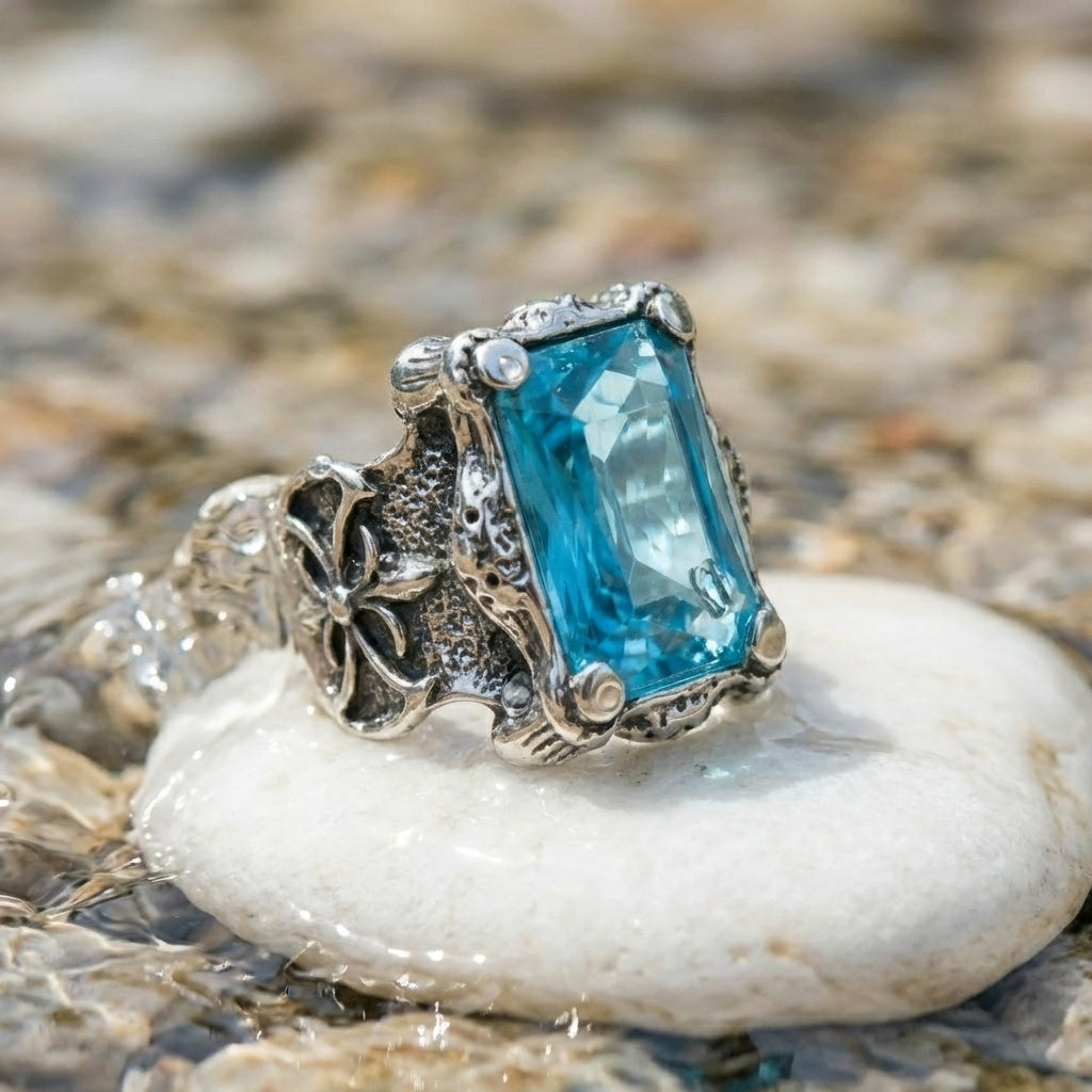 Blue Zircon BOLD Iranian Sword Ring | Titanium Steel– For Men | Includes: Ring