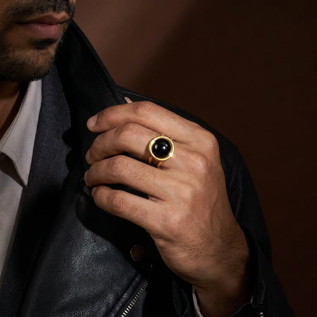 Black Onyx Stone Flexi Size Golden Ring | 18K Real Gold PVD Plated– For Men | Includes: Ring