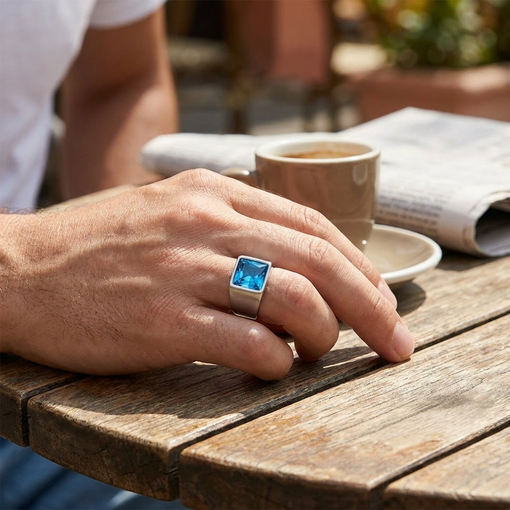 Regular Light Blue Square Zircon Titanium Ring | PVD Plated– For Men | Includes: Ring