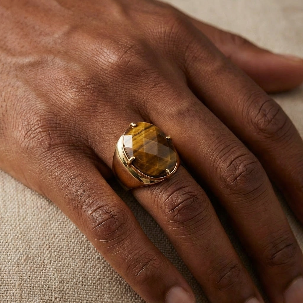 Natural Tiger Eye Faceted Stone Golden Flexi Size Ring | 18K Real Gold PVD Plated– For Men | Includes: Ring