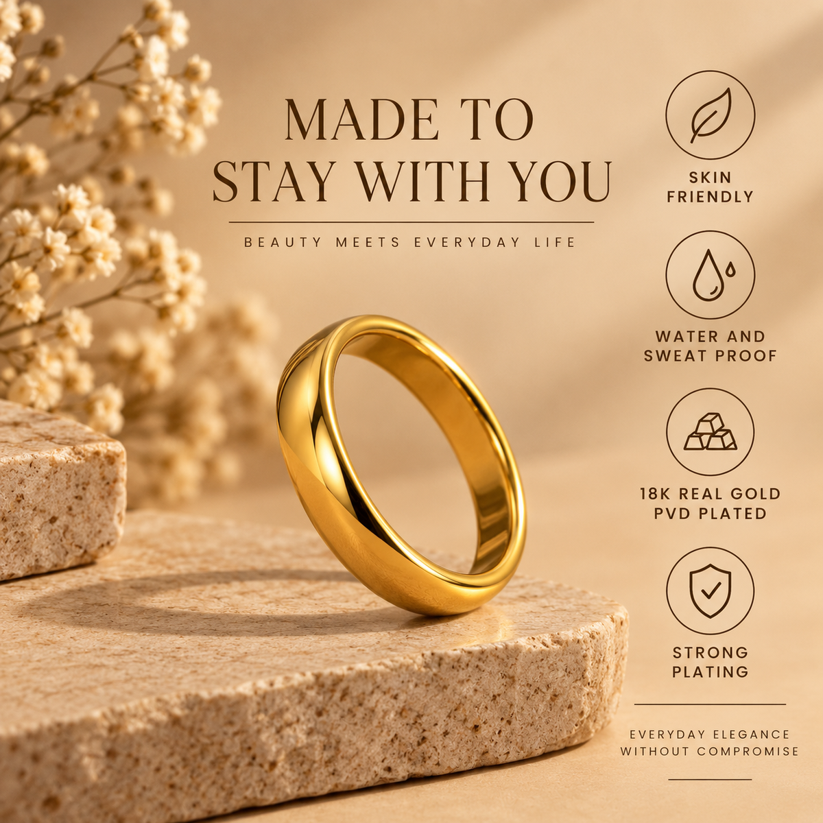 Everyday Solitaire Zircon Ring | 18K PVD Gold Plated- For Women | Includes: Ring
